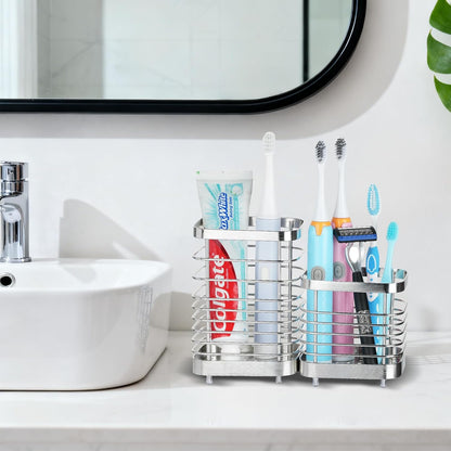 Toothbrush Holders for Bathrooms, 4 Slots Metal Tooth Brushing Organizer | Rustproof Electric Tooth Brush Toothpaste Holder with Drainage for Bathroom Countertop, White