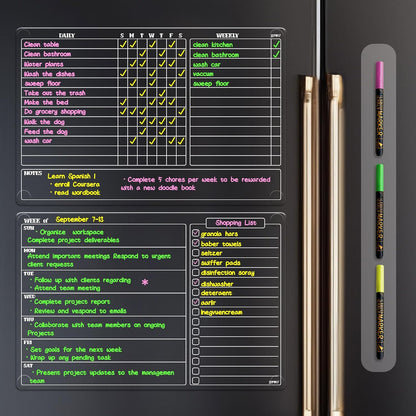 JJPRO Non-Magnetic Dry Erase Calendar for Fridge, Monthly Calendar, Weekly Planning Board Bundle for All Smooth Surfaces. Clear Reusable Calendar Stick to Fridge,Cabinet,Door&Glass