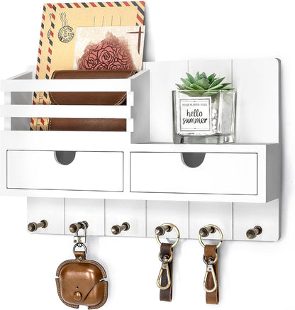 Rebee Vision Key Holder Wall Mount with Shelf for Entryway, Distressed Blue | Modern Mail Organizer, 6 Key Hooks, 2 Drawer Organizer, Key Hanger Home Decor Aesthetic, Apartment Storage Essentials