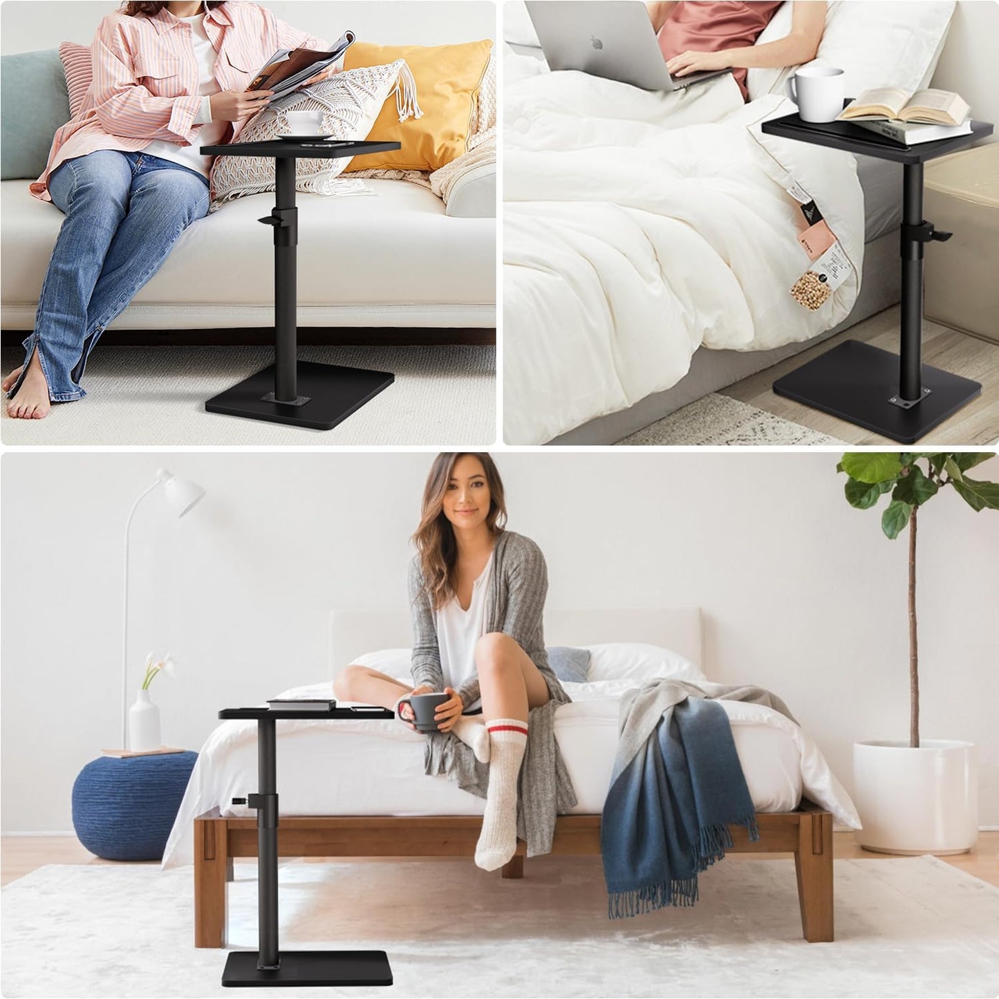 YUHFERA Sofa Armrest Tray Table for Couch - 360° Swivel Height Adjustable End for Small Spaces, Snack Side Table for Bed or Chair with Phone & Tablet Slot (Rustic,Standard)
