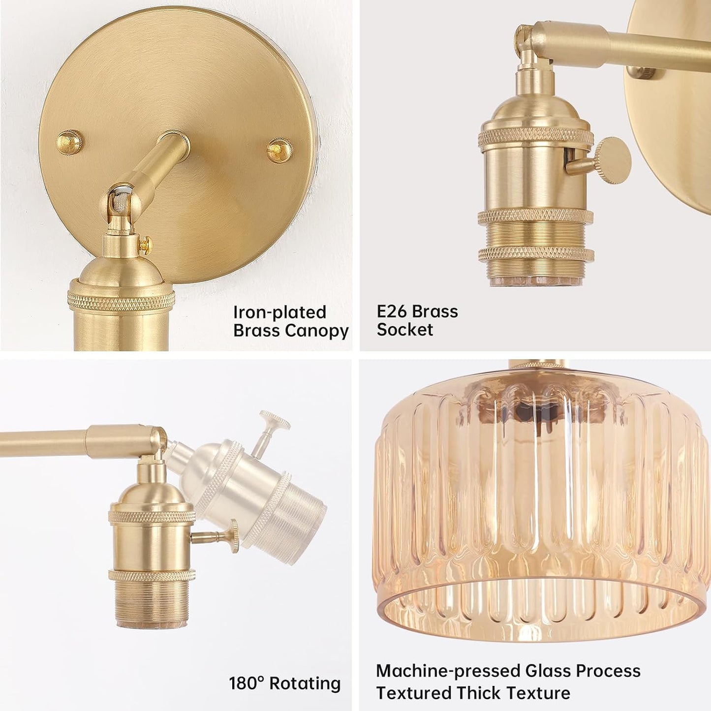 Shenmoyl Battery Operated Wall Sconce with Green Striped Shade Pattern Glass Adjustable Chain Retro Gold Wall Mounted Light, Modern Wall Lamp Fixtures Decor for Bedside Bedroom Indoor Doorway