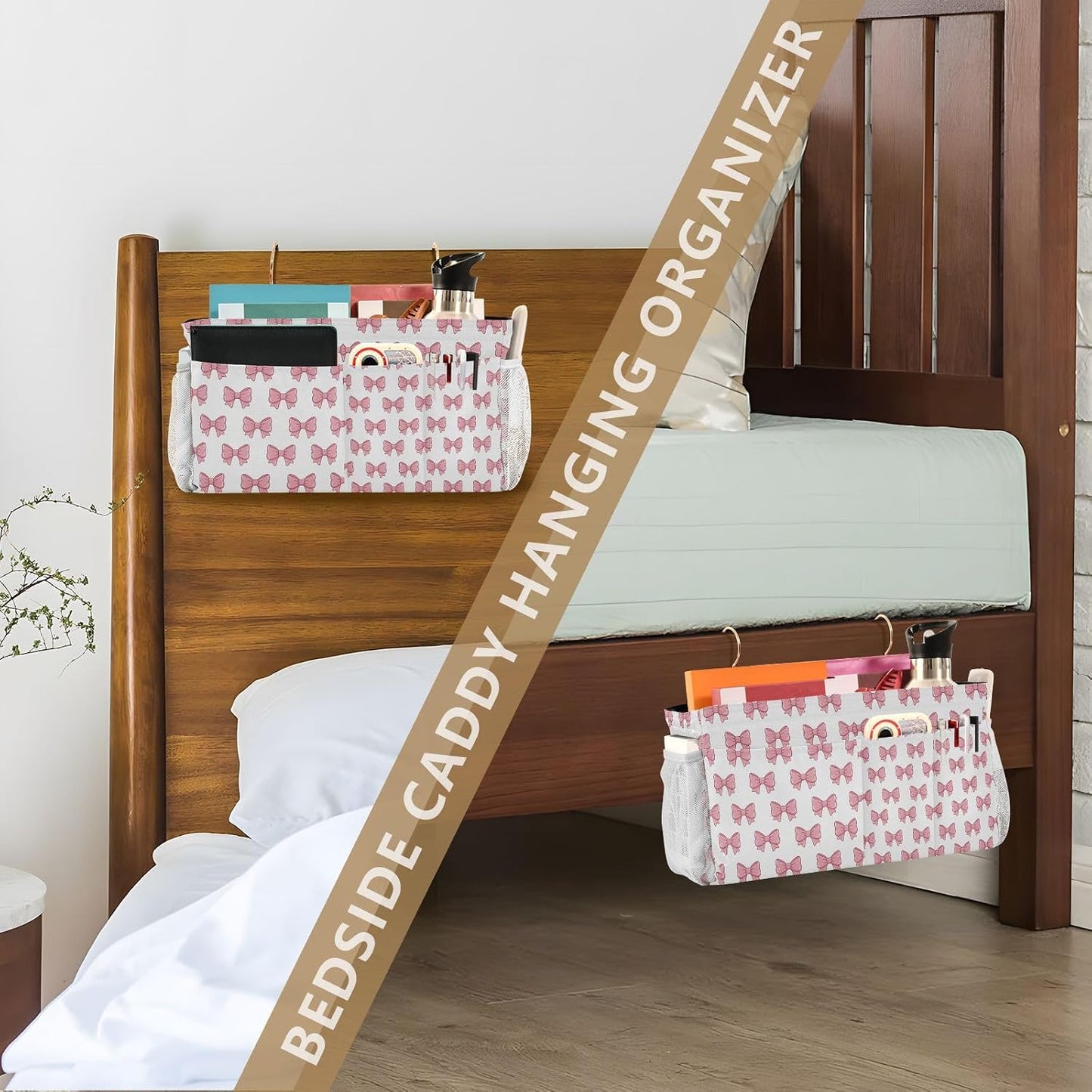 Bedside Caddy Hanging Storage Bag Pink Bows Bedside Organizer Caddy for Bunk, Dorm Room, Hospital Beds - Place Magazines / Remotes / Keys