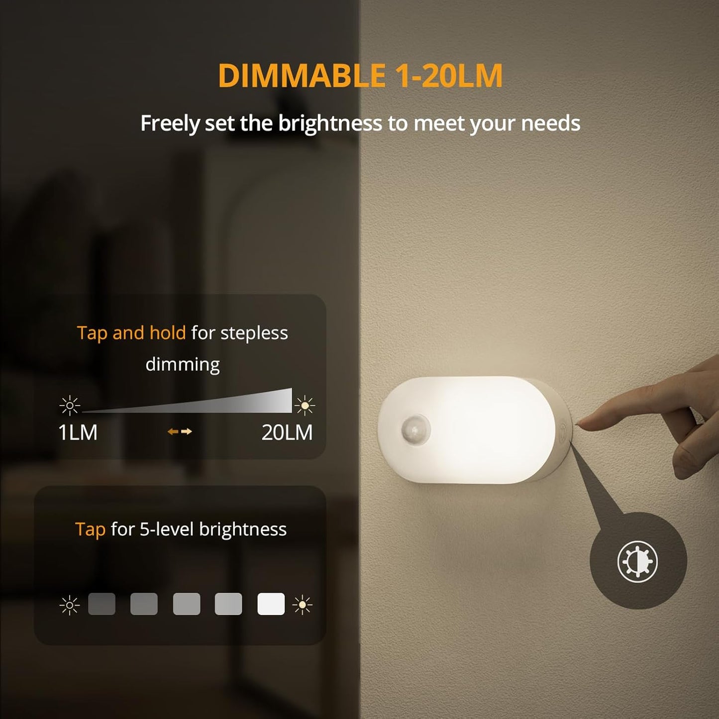 Lyridz Rechargeable Night Light with Motion Sensor, Dimmable Amber Nightlights for Bathroom, Bedroom, Kids Room, Hallway, Stairs, Pet House, 2 Pack