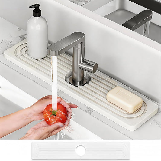 Absorbent Stone Faucet Mat for Kitchen Sink - 15.8" x 4" Diatomite Stone Sink Tray, Quick Dry Bathroom Sink Splash Guard Behind Faucet, Water Catcher Counter Protector (White)