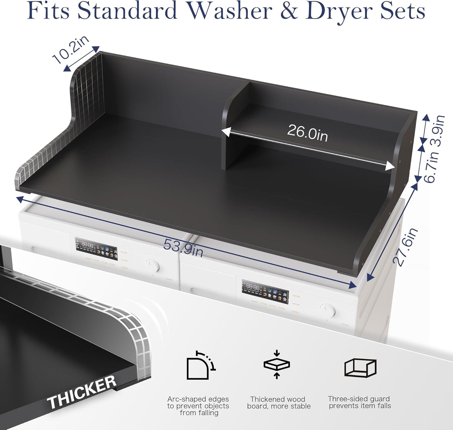 DTK Washer Dryer Wood Countertop with Shelf, Laundry Topper with Non-Slip Mat,27.55" Depth x 54" Width Dryer Covers for The Top with Edge Rails, Black