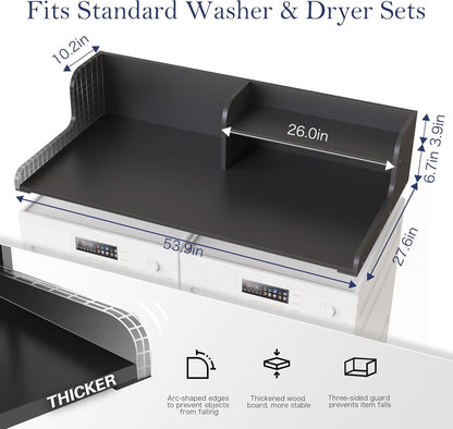 DTK Washer Dryer Wood Countertop with Shelf, Laundry Topper with Non-Slip Mat,27.55" Depth x 54" Width Dryer Covers for The Top with Edge Rails, Black