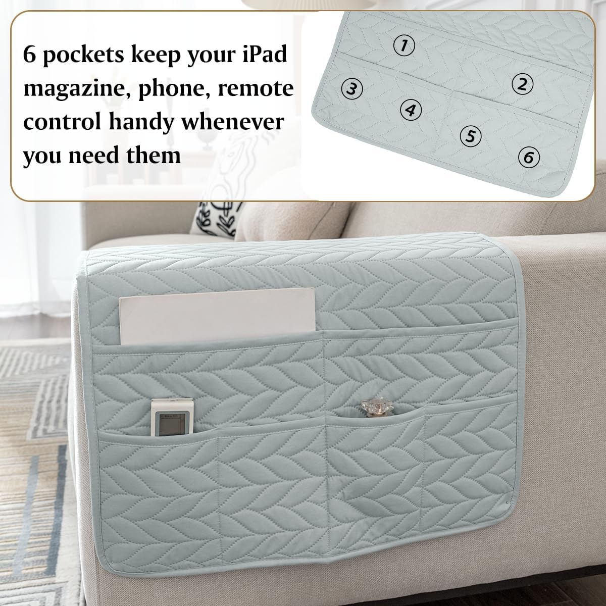 Remote Control Holder for Recliner, Sofa Armrest Organizer with Non-Slip Base, Tv Remote Holder Couch Caddy Armchair Caddy Bedside Organizer with 6 Pockets for Magazine, Tablet, Phone (Beige)