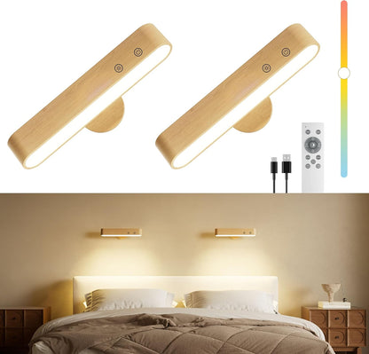 PopoIron Rechargeable LED Wall Sconces Set of Two,Wall Lights for Bedroom with Remote Control and Touch,360° Magnetic Rotation,3 Colors Dimmable Brightness Wood Wall Lamps with 15 RGB Colors,2 Pack
