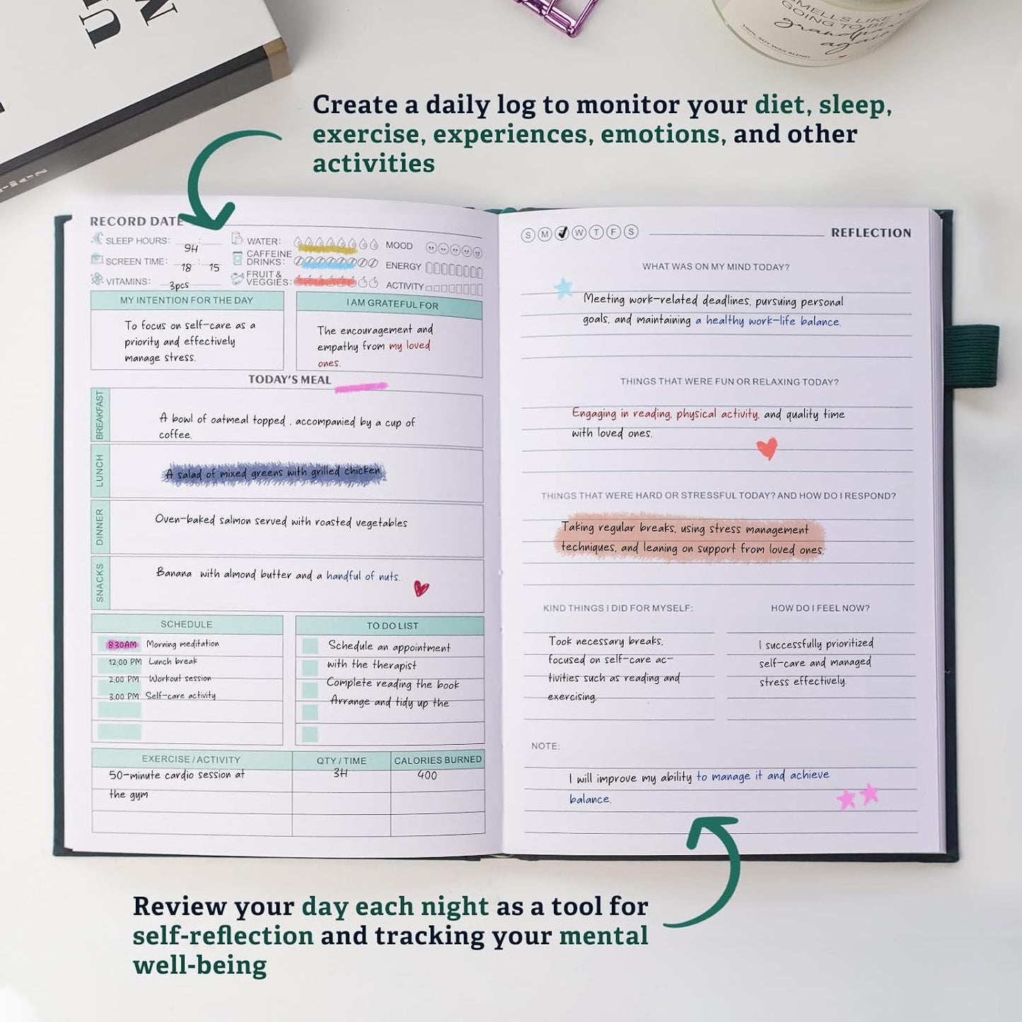 Mental Health Journal for Women and Men - Anxiety & Guided Journal with Mood & Habit Tracker - Take 5 Minuets Everyday - 91 Days Self Care Journal with Prompts, Green