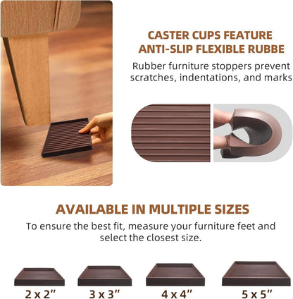 CalPalmy Non-Slip Furniture Pads - Set of 8 Brown 5x5 Square Rubber Anti-Skid Caster Cups for Couch, Chair, Bed, and Furniture Legs - Durable Floor Grip Coasters to Prevent Sliding
