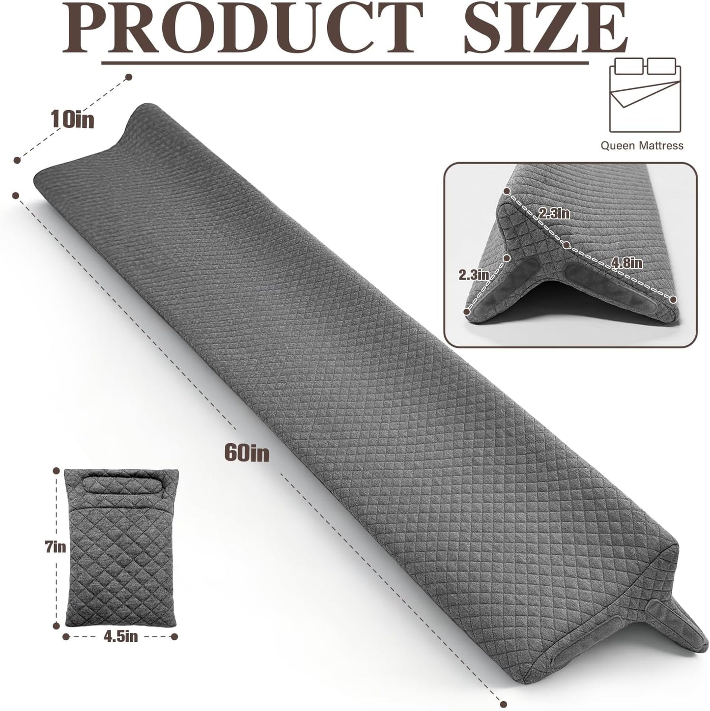 JZHLLA Triangle Bed Gap Filler King, Prevent Items from Falling | High Density Foam Headboard Gap Filler Pillow with 2 PCS Pockets and Removable Washable Cover Grey