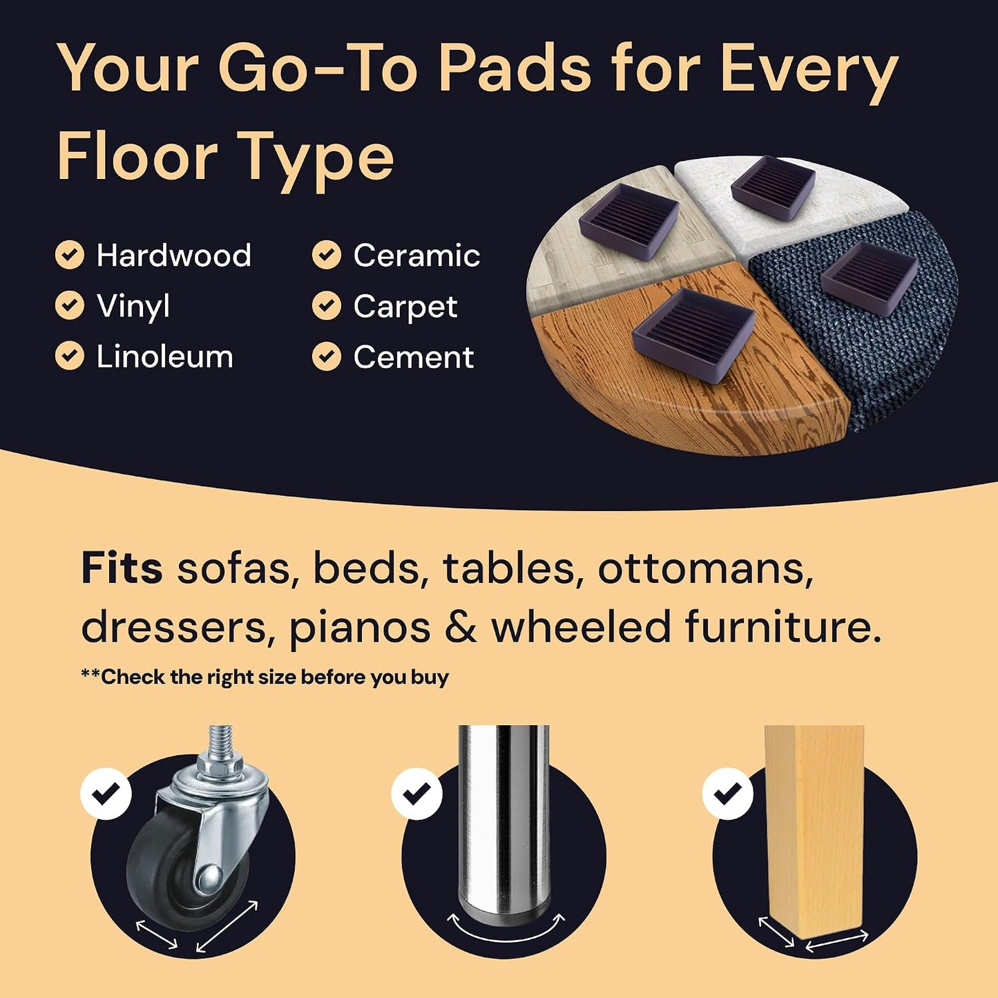 Non-Slip Furniture Pads - 4x4 in Brown, 4 Pack | Square rubber caster cups - anti-skid - Use for heavy sofas, beds & chairs on hardwood floors