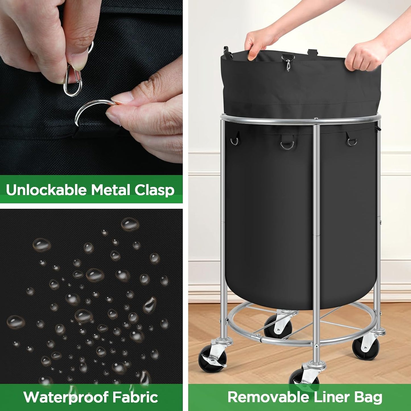 100L Round Rolling Laundry Hamper Basket with Wheels, Grey | Laundry Sorter Cart with Removable Bag, Clothes Organizer, Metal Frame, Bedroom, Bathroom, Laundry Room, Dorm Use