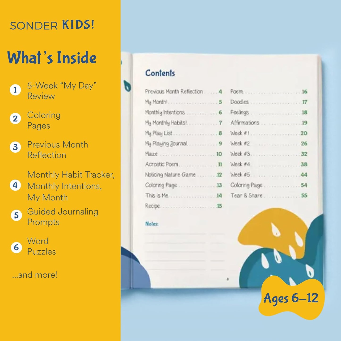Sonder Kids Wellness Gratitude Journal - Kids Journal for Girls and Boys, Hands-On Activities like Crosswords, Coloring and Nature Prompts, Undated, Ages 6-12, 56 pages