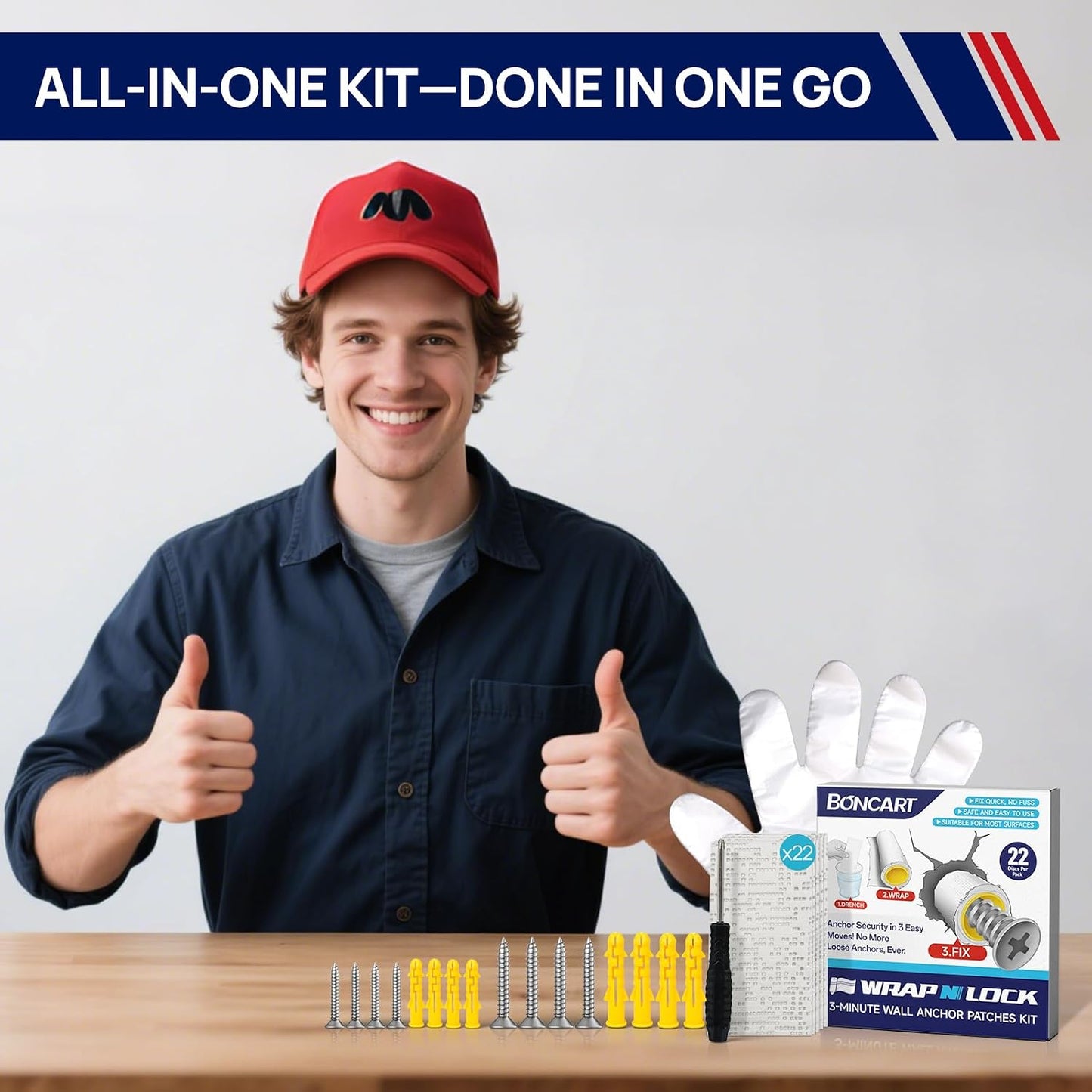 WRAPNLOCK Drywall Anchor Repair Kit - Fast Loose Anchor Fix | No Fill/Redrill. Includes 22 Patches, Screws, Anchors, Screwdriver & Gloves. Perfect For Home Fittings.