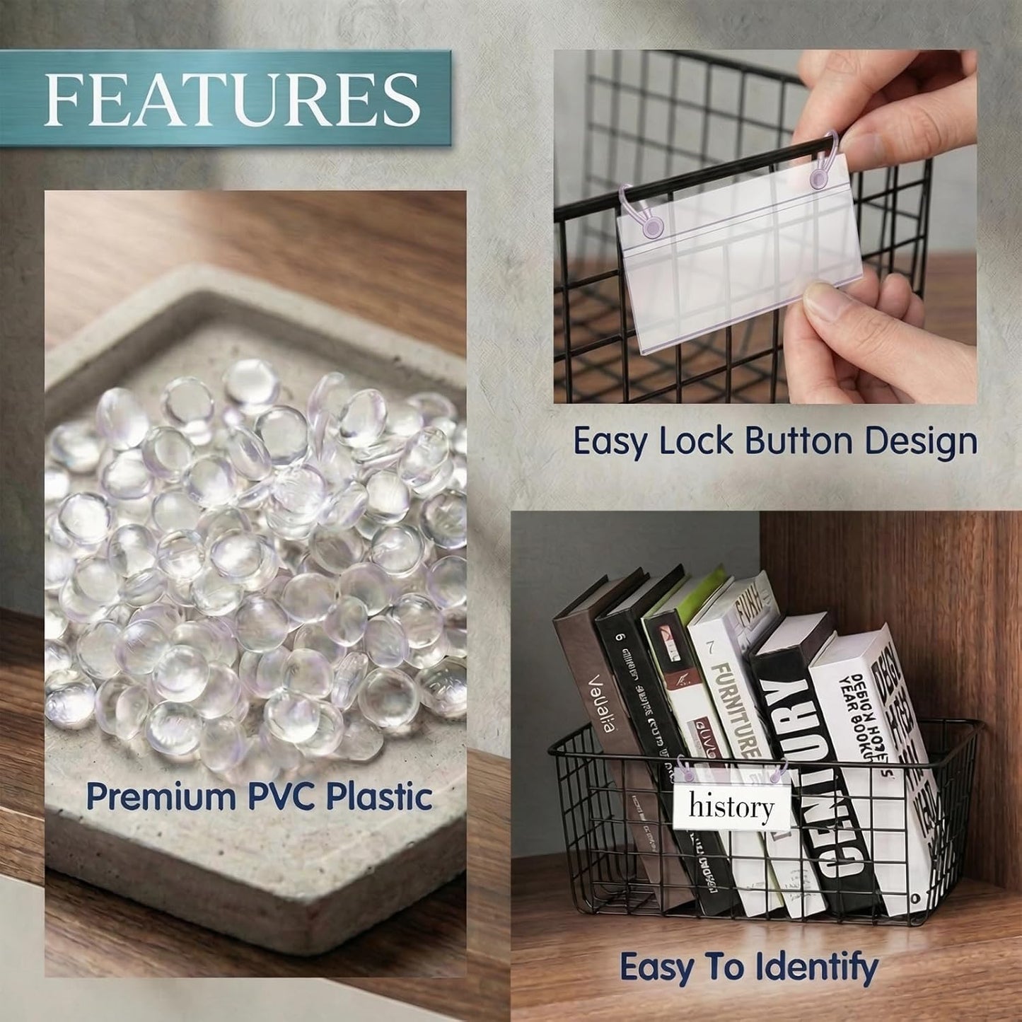 Basket Label Holders, ELEMGULY 30PCS Plastic Basket Label Clips with Easy Button Lock Design, Wire Shelf Label Holder Wire Rack Display Holder Price Sign for Home Market (60pcs Label Paper Included)