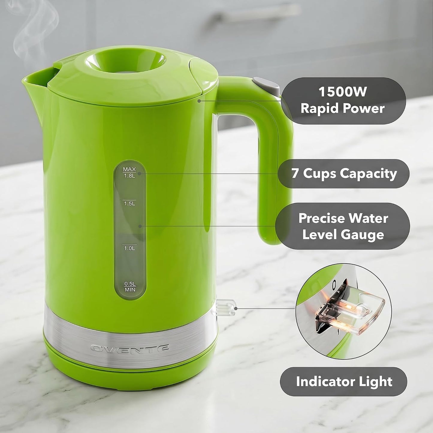 OVENTE 1.8L Electric Kettle with 1500W Fast Boiling Heater, Black KP413B | Best For Coffee or Tea, BPA-Free, Easy-Fill Lid, Water Level Window, Auto Shut-Off & Boil-Dry Protection, Removable Filter
