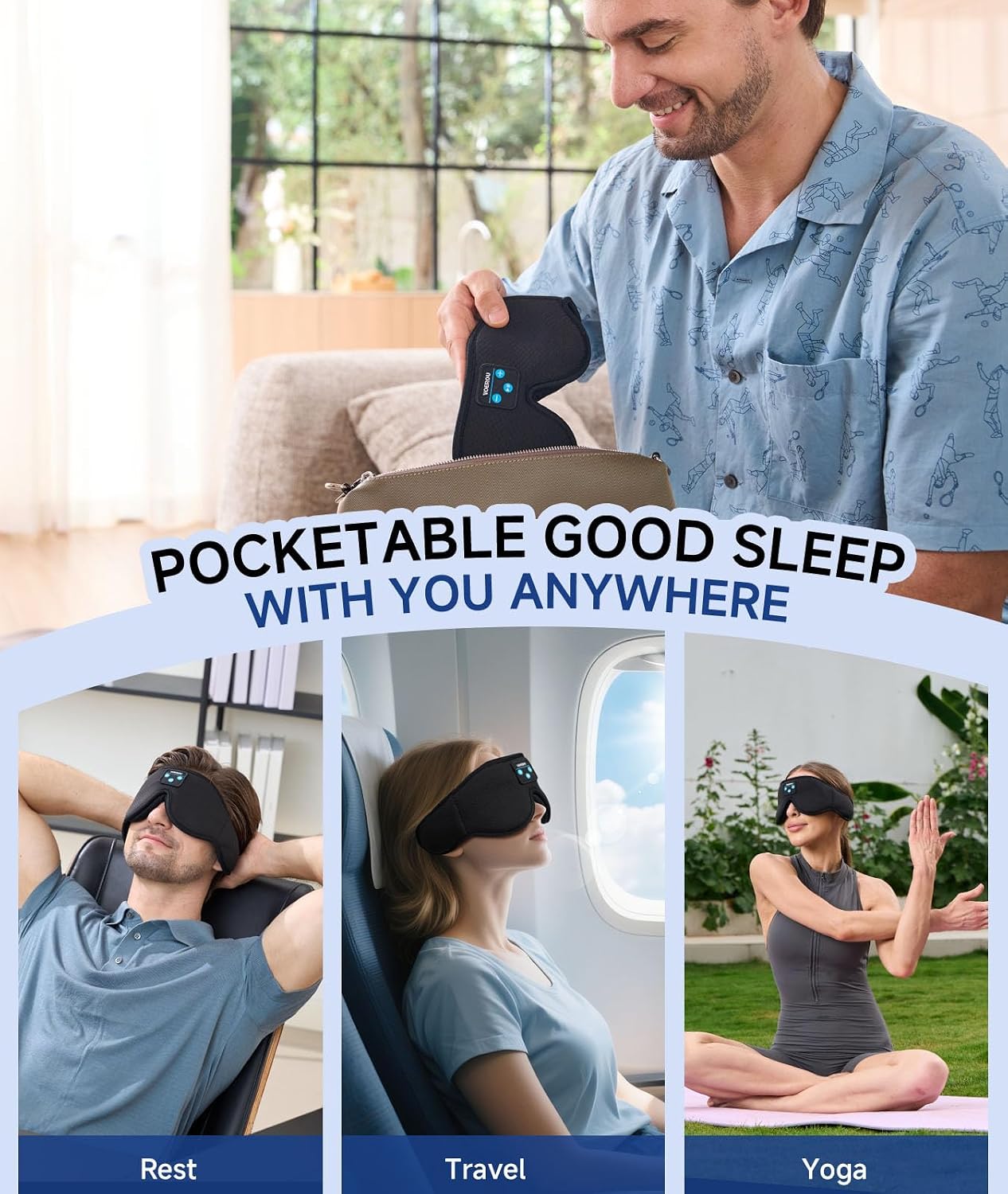 Voerou Sleep Mask with Bluetooth Headphones, Zero Pressure Wireless Sleeping Eye Mask, 100% Light Blocking Sleep Headphones for Side Sleepers, Suitable for Sleep Nap Travel, Cool Gadgets Unique Gifts
