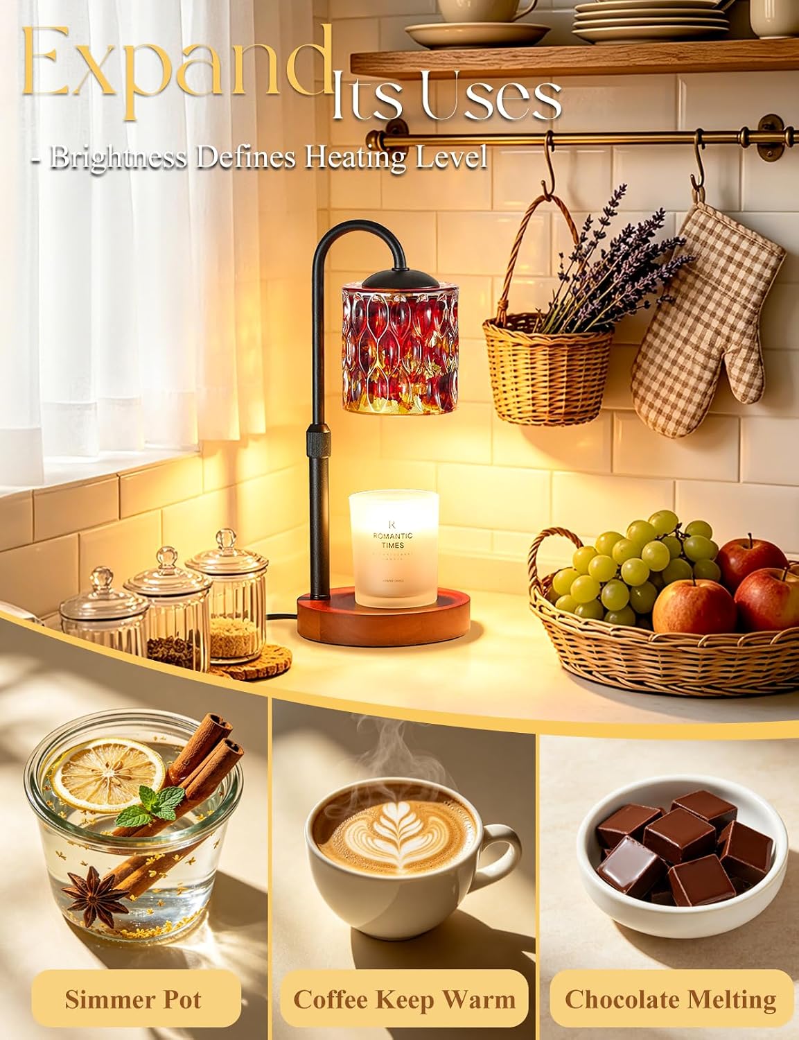 Briever Dimmable Candle Warmer Lamp with Timer, Height Adjustable Electric Candle Wax Warmer, Christmas Birthday Gifts for Women Mom, House Warming Gifts New Home Room Decor, Black Solid Wood Base