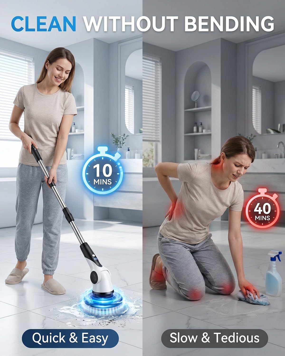 Electric Spin Scrubber, 3-Speed Shower Scrubber with Long Handle & 10 Replaceable Brush Heads, Cordless Full-Body IPX7 Waterproof Shower Cleaner Brush with 90 Mins Runtime for Bathroom