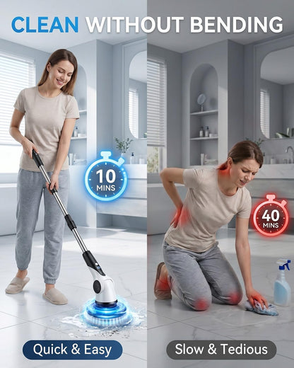 Electric Spin Scrubber, 3-Speed Shower Scrubber with Long Handle & 10 Replaceable Brush Heads, Cordless Full-Body IPX7 Waterproof Shower Cleaner Brush with 90 Mins Runtime for Bathroom