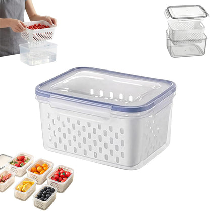 Fruit Storage Containers for Fridge, 4 in 1 Food Storage Container with Removable Colander, Airtight Produce Saver, Stackable Fridge Organizer for Wash, Drain & Store (Gray, S)