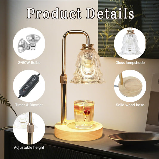 Droyek Candle Warmer Lamp with Timer Electric Candle Warmer Lamp Adjustable Height Dimmable Wax Warmer Lamp Jar Candles with 2 Bulbs for Home Decor & Office