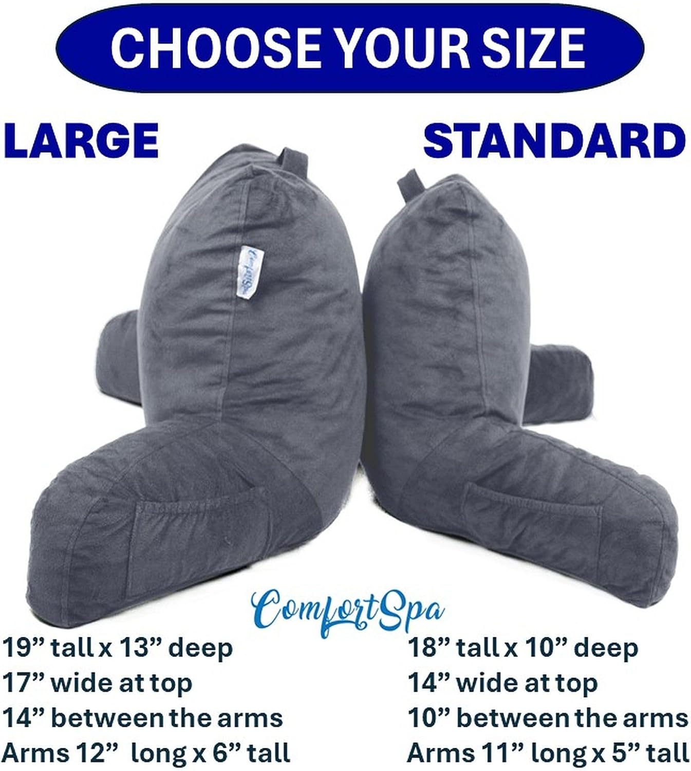 Reading Pillow for Bed with Arms Pockets for Adults, Large Grey | Bed Pillow for Sitting Up for Nursing, Breast Feeding, Bedrest or Relief from GERD or Heartburn; Removable, Washable Cover