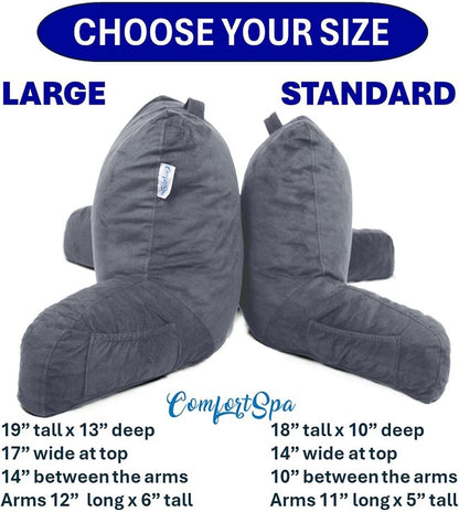 Reading Pillow for Bed with Arms Pockets for Adults, Large Grey | Bed Pillow for Sitting Up for Nursing, Breast Feeding, Bedrest or Relief from GERD or Heartburn; Removable, Washable Cover