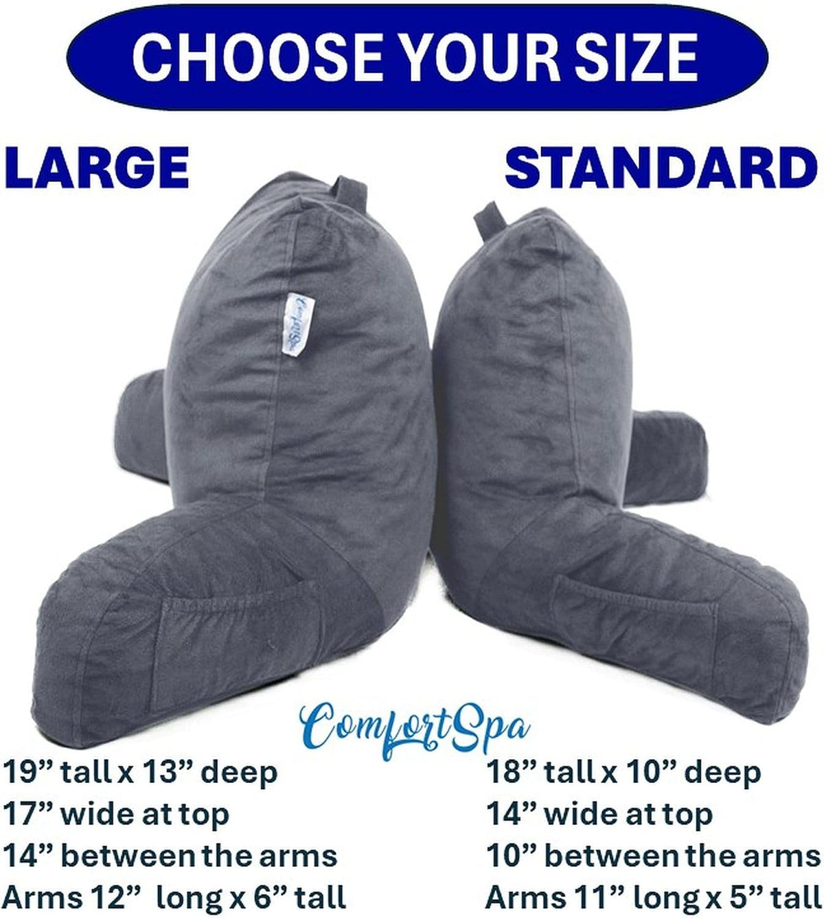 ComfortSpa Reading Pillow for Bed with Arms Pockets for Adults, Large Grey