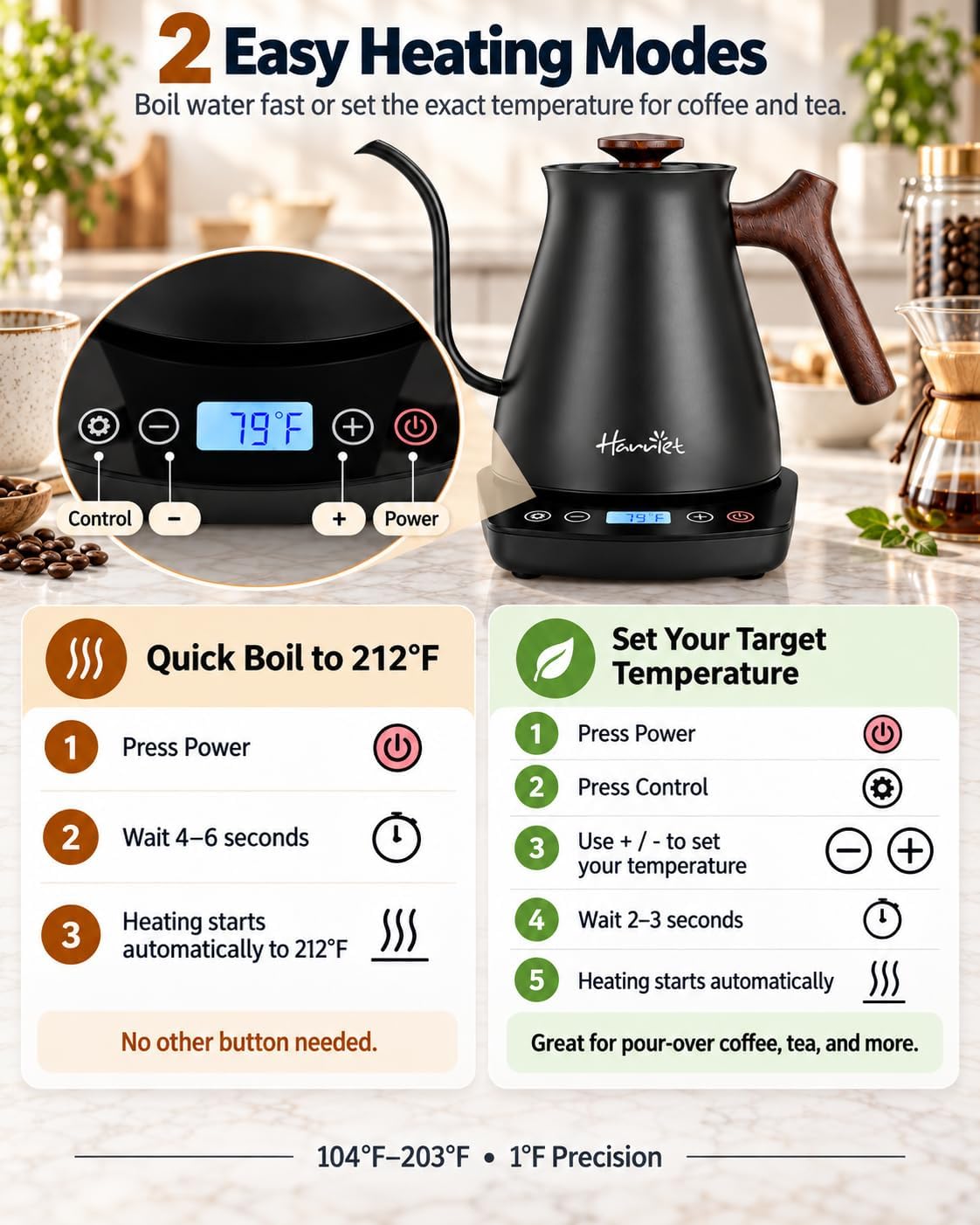Harriet Gooseneck Electric Kettle, 1°F Control, Brew Time, 0.8L