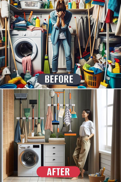 Mop and Broom Holder - Clear Cleaning Clutter and Reclaim Your Space | 5 Racks + 4 Hooks - Rust-Resistant Wall Organizer Holds Cleaning and Garden Tools Securely in Garages and Kitchens