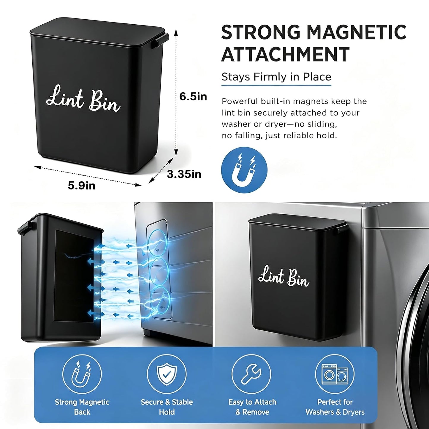 Magnetic Lint Bin with Lid for Laundry Room, Compact Plastic Dryer Lint Holder, Small Laundry Trash Container for Dryer Lint & Used Dryer Sheets, Space Saving Storage Decor Organizer (Black)