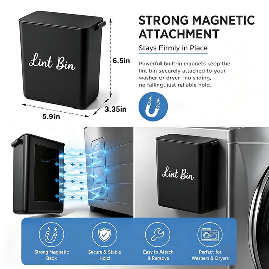Magnetic Lint Bin with Lid for Laundry Room, Compact Plastic Dryer Lint Holder, Small Laundry Trash Container for Dryer Lint & Used Dryer Sheets, Space Saving Storage Decor Organizer (Black)