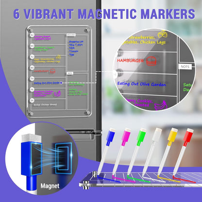 Acrylic Meal Planner Magnetic Menu Board for Kitchen Fridge, 13"x9" Clear Weekly Calendar Planning Board Noteboard Refrigerator Dry Erase Board to Do/Grocery/Shopping Lis Includes 6 Markers