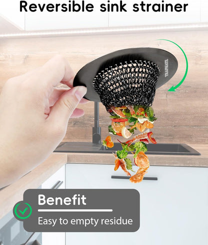 Reversible Kitchen Sink Drain Strainer Basket, Fits Sink & Garbage Disposal | Fast Drainage, Anti-Slip, Easy Clean, Anti-Clogging, Rust-Proof, Large Capacity, Universal 4.4-Inch, Patented Chain Mesh