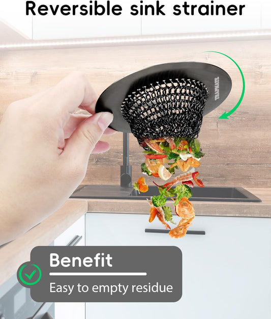 Reversible Kitchen Sink Drain Strainer Basket, Fits Sink & Garbage Disposal | Fast Drainage, Anti-Slip, Easy Clean, Anti-Clogging, Rust-Proof, Large Capacity, Universal 4.4-Inch, Patented Chain Mesh