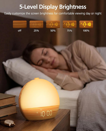 Wood Grain White Noise Sound Machine Sunrise Alarm Clock with 30 Soothing Sounds, 17 Night Lights, Bluetooth Speaker Wake Up Light Alarm Clocks for bedrooms, Heavy Sleepers, Baby, Kids
