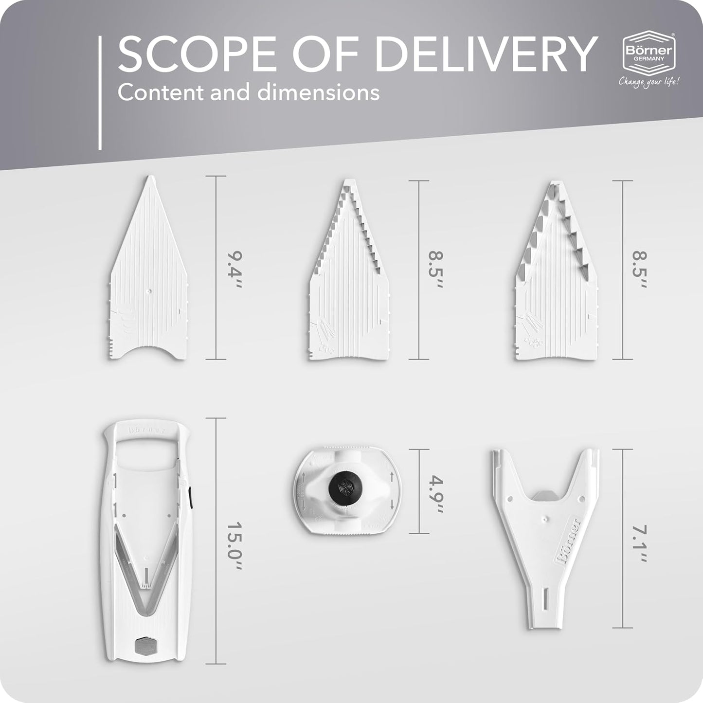 Mandoline Food Slicer Börner V5 (Starter Set) by Reston Lloyd • V-Slicer with Food Holder • Made in Germany • Fruit & Vegetable Chopper • Multiple Settings • Color: White