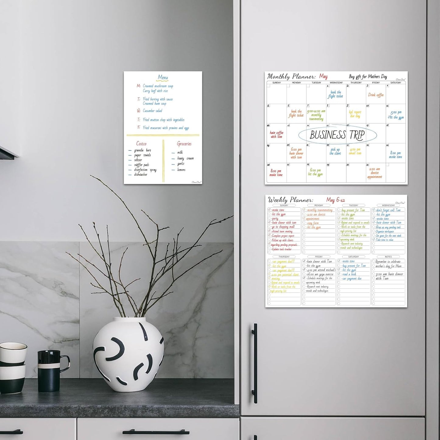 Non-Magnetic Dry Erase Calendar Set for Fridge - Reusable Monthly and Weekly Calendar Sticks to Most Smooth Surfaces - 6 Dry Erase Markers Included - Shipped Flat