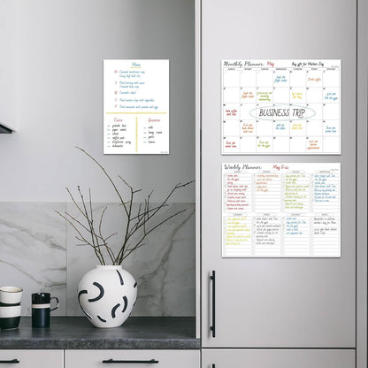 Non-Magnetic Dry Erase Calendar Set for Fridge - Reusable Monthly and Weekly Calendar Sticks to Most Smooth Surfaces - 6 Dry Erase Markers Included - Shipped Flat