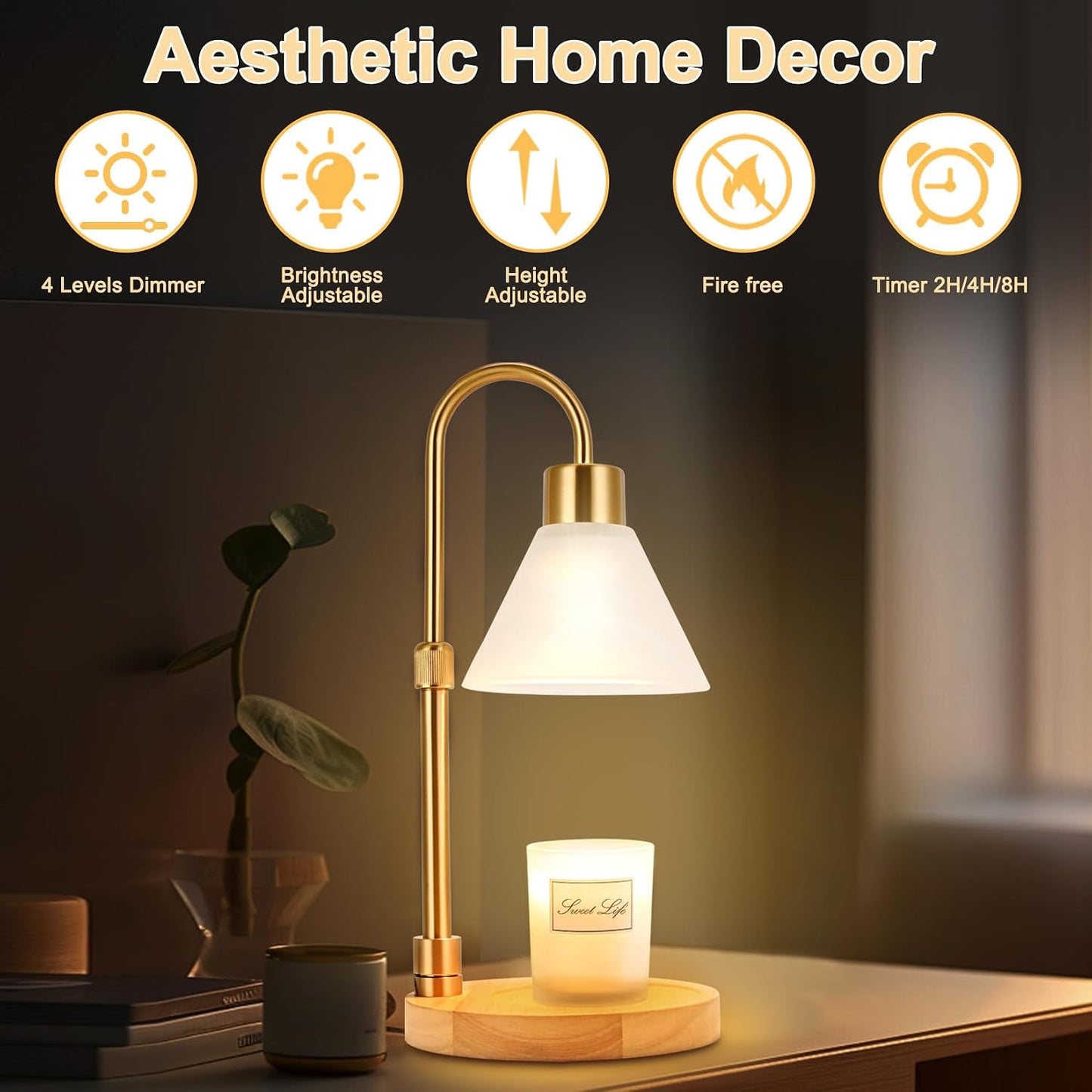 Candle Warmer Lamp with Timer & 3 Bulbs, Dimmable Electric CandleLight Adjustable Height and Brightness Candle Wax Warmer for Jar Candles Bedroom Home Decor House Warming Gift for Women (Round Gold)