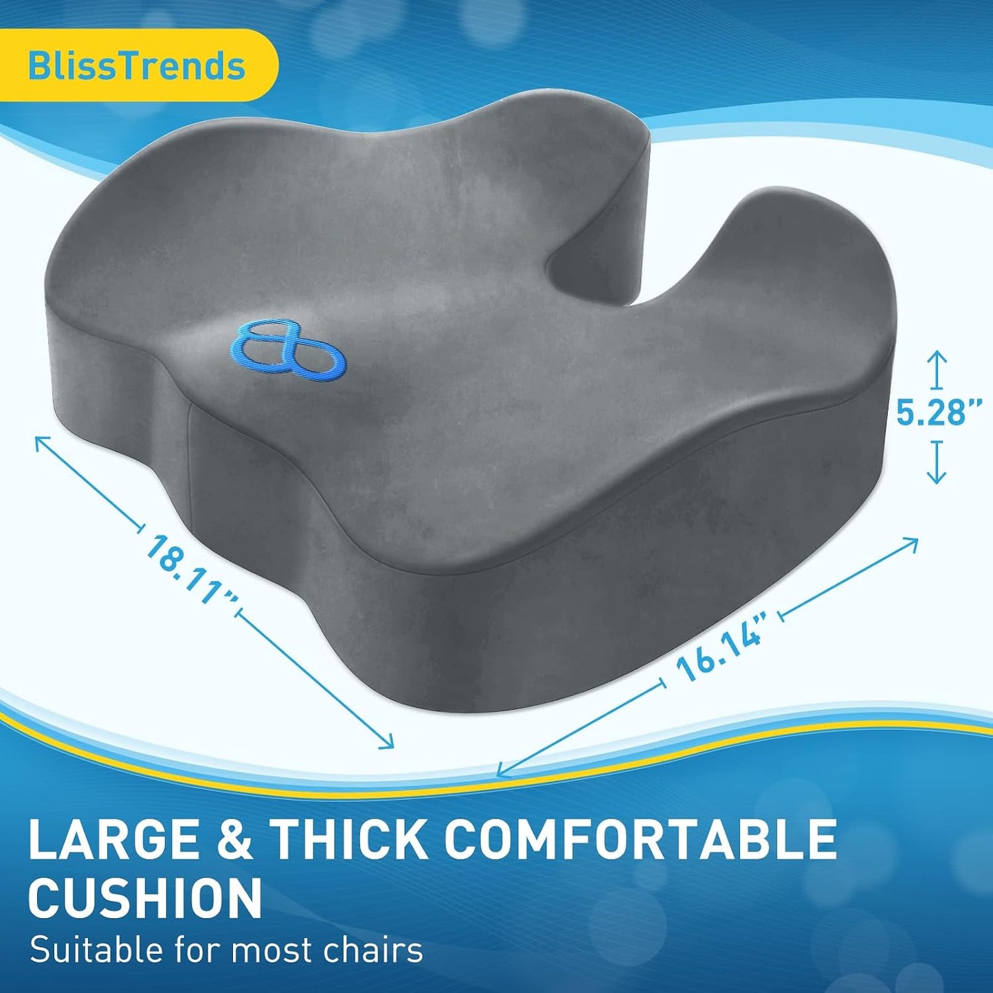 BlissTrends Memory Foam Seat Cushion for Office Chair & Car Seat, Black | 4.7in Ergonomic Tailbone & Sciatica Support with Removable Velvet Cover for Pressure Relief and Long Sitting Comfort
