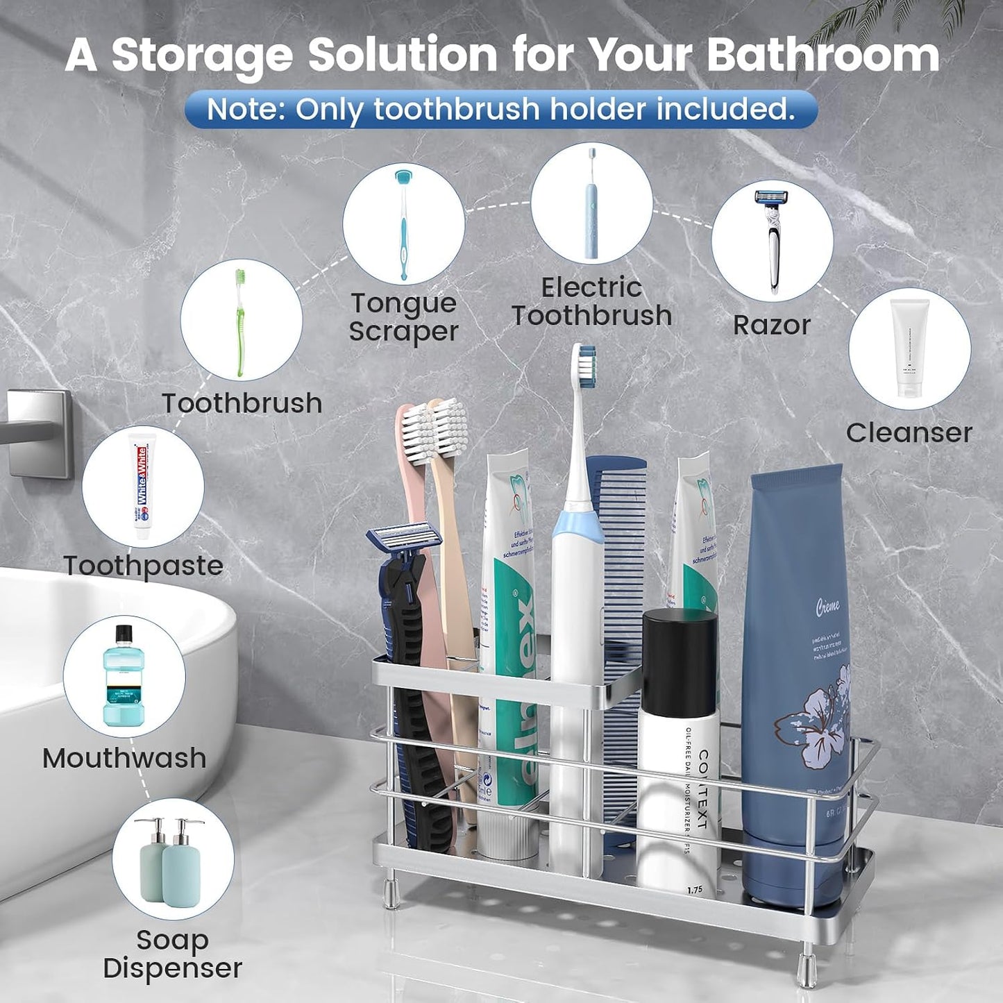 Luxspire Toothbrush Holders for Bathroom, Stainless Steel, 6 Slots, Black | Toothbrush Holders With Drainage, For Bathroom Countertop & Kitchen Sink, Bathroom Accessories