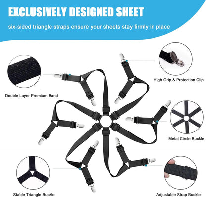 Bed Sheet Holder Straps, Adjustable Elastic Fitted Sheet Strap Tablecloth Clip Bed Suspender Fasteners Keep Sheets in Place Firm for Twin Full Queen King Bed Round Square Mattresses Table