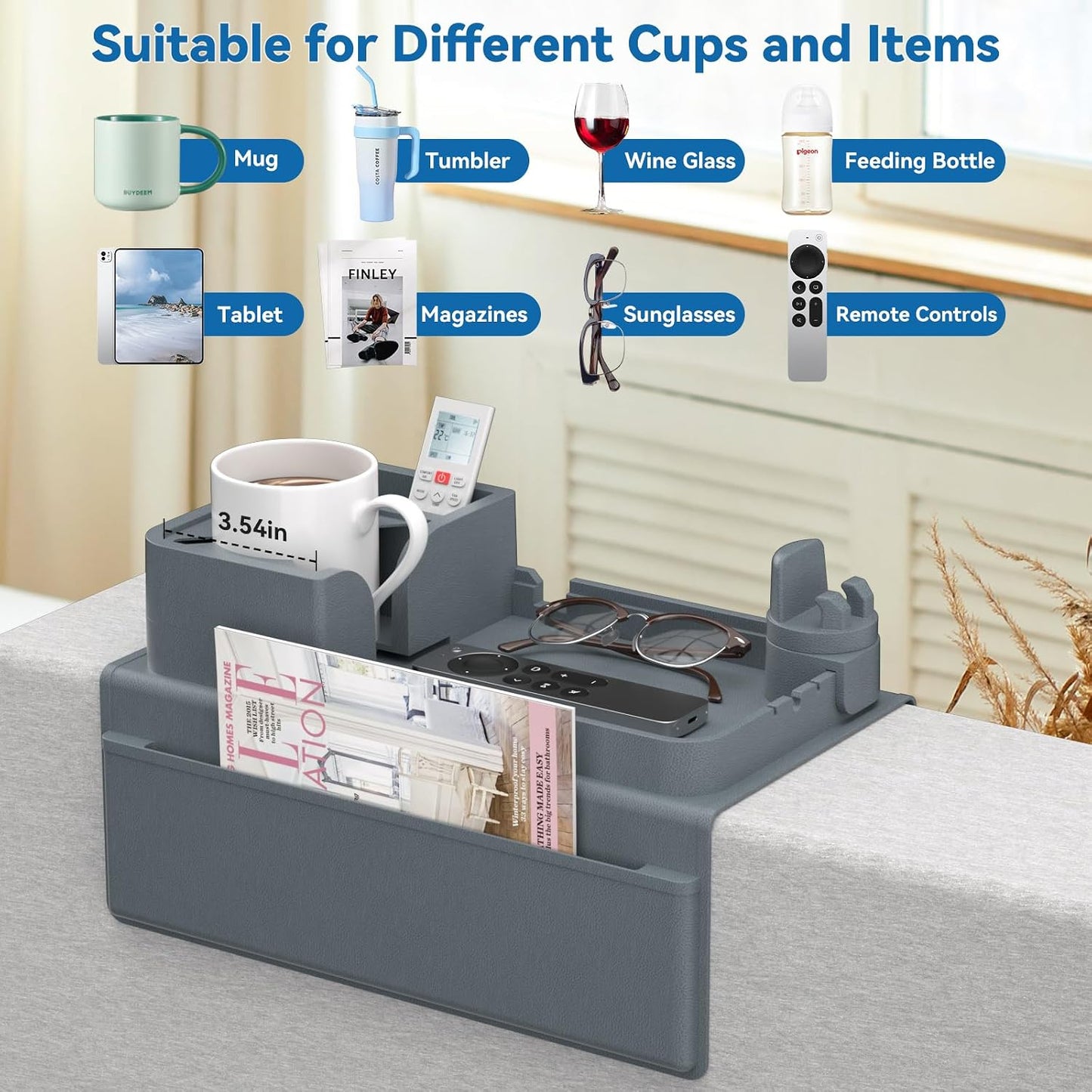 Couch Arm Cup Holder CLESOO Couch Arm Tray Anti-Slip Couch Cup Holder Silicone Sofa Armrest Tray Dual Side Pocket Couch Drink Holder Sofa Caddy Arm Remote Holder Snack Caddy with Phone Holder Blue