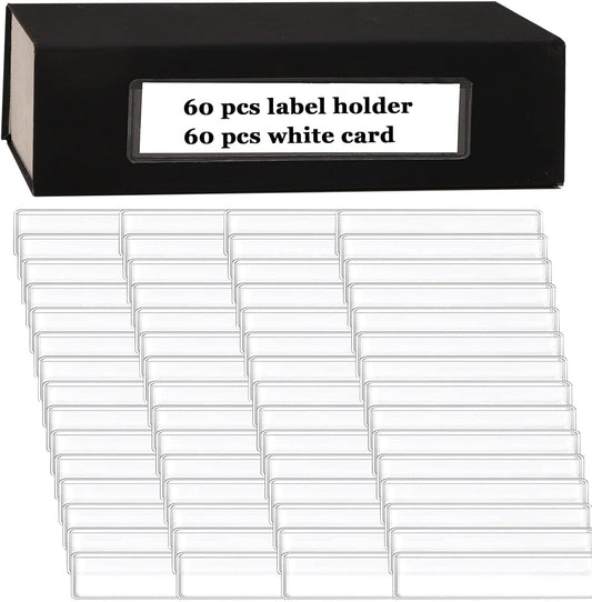 Adhesive Shelf Tag Label Holders Clear, Label for Storage Bins, 60pcs | Clear Drawers Label with Index, Card Pockets for File, Cabinet, Supermarket, Bookshelf, Mailbox, Kitchen, 1x4.1'