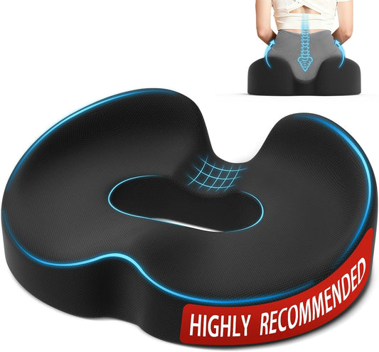 Seat Cushion Memory Foam Donut Pillow for Office Chair, Black | U-Shaped Coccyx Support Pillow, Tailbone Pressure Relief Cushion for Pregnancy, Postpartum and Long Sitting, Washable Cover
