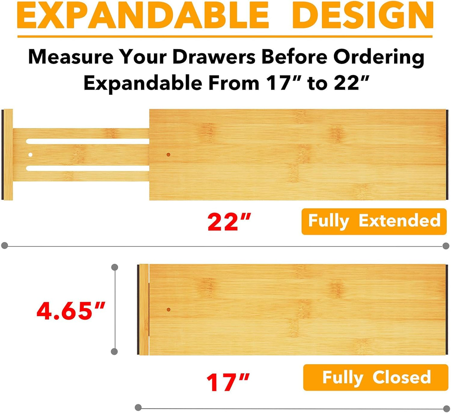 SpaceAid Bamboo Dresser Drawer Dividers 6 Pack, 4.65“ High Adjustable 12.5“-17” Drawer Organizers, Expandable Organization for Clothing, Clothes, Dressers, Natural