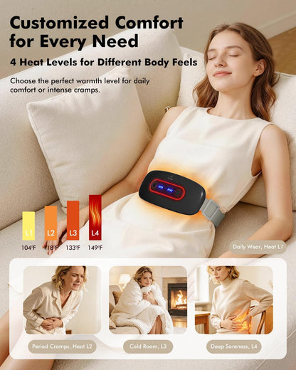 Portable Cordless Menstrual Heating Pad with 4 Heat Levels and 4 Massage Modes,Electric, Fast Large Heating Belly Wrap Belt (Black)